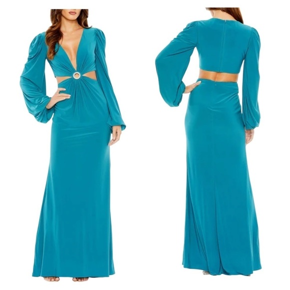 Mac Duggal Dresses & Skirts - Mac Duggal 26727 Turquoise Cutout Gown Long Sleeve Pearl Size 8